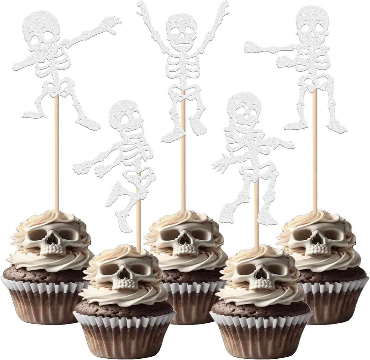 Rsstarxi 30 Pack Halloween Skull Cupcake Toppers Glitter Happy Halloween Theme Skull Dance Cupcake Picks for Baby Shower & Birthday Party Cake Decorations Supplies White