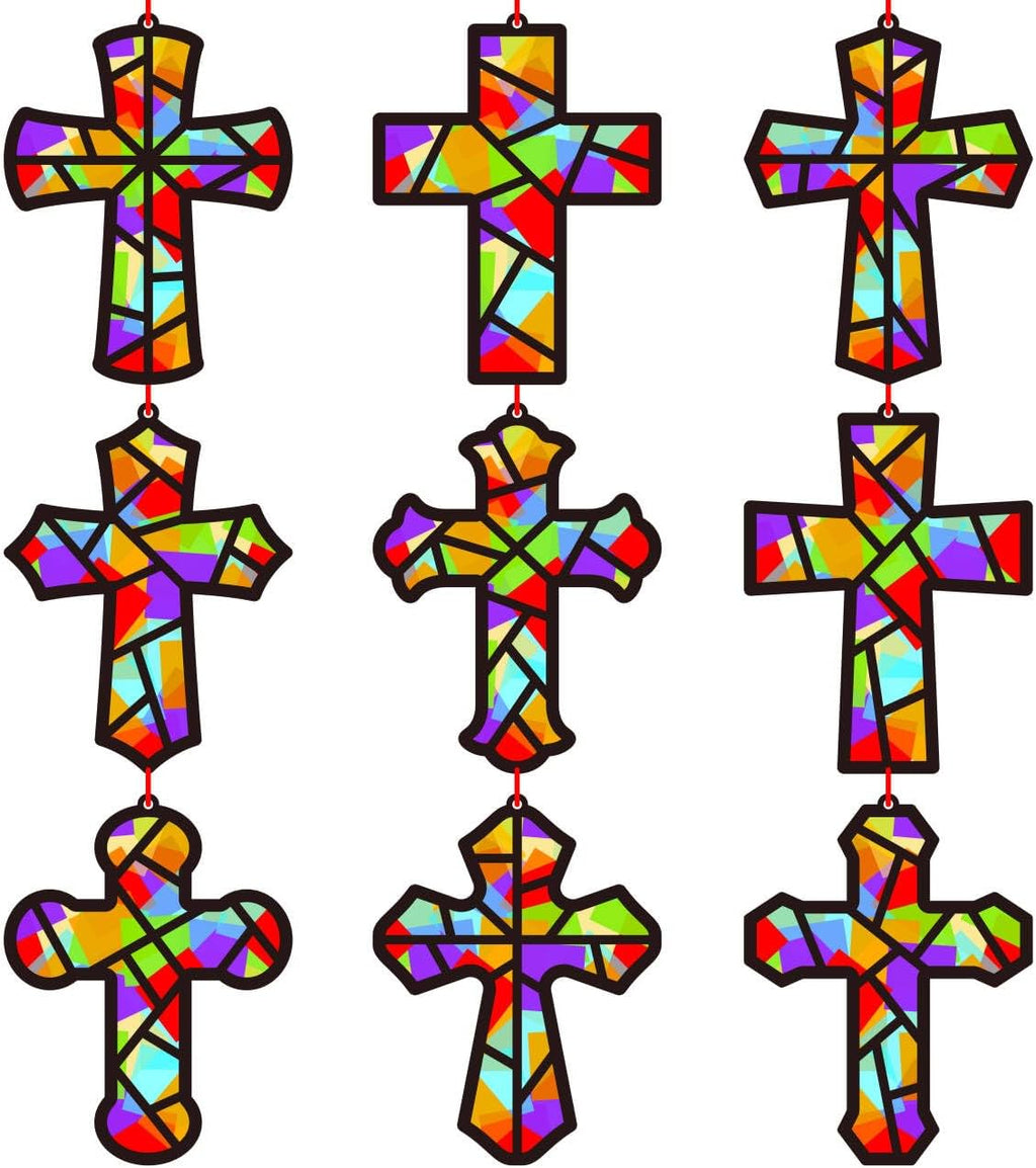 Renbuzhu 48PCS Sunday School VBS Crafts Bulk: Paper Cross Nativity Suncatchers, Jesus Religious Christian Activity DIY Kits Church Decorations, Window Stained Glass Effect Art Supplies