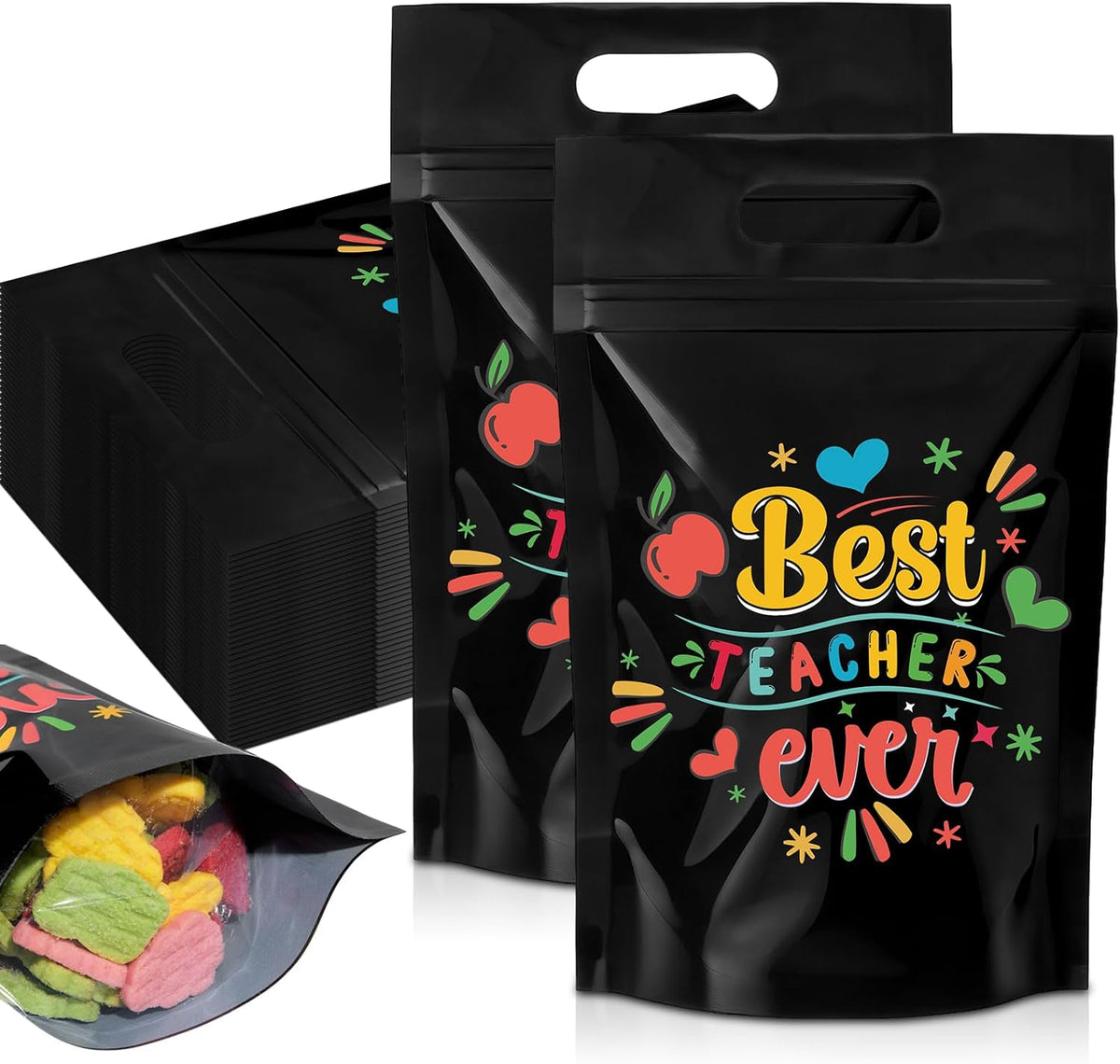 Engrowtic 100 Pcs Back to School Teacher Gift Bags Resealable First Day of School Teacher Treat Bag Bulk Thank You Goodie Pouches with Handles for Classroom Preschool Kindergarten Supplies