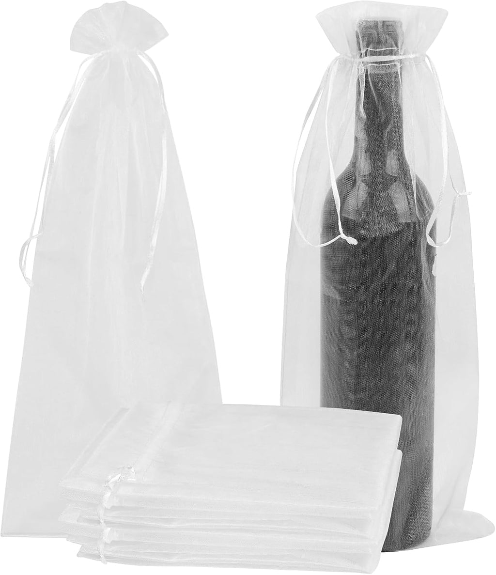 KIMOBER 30Pcs White Organza Wine Bags, 6.3" × 14.6" Mesh Christmas Wine Bottle Gift Bags with Drawstring for Christmas, Champagne Bottles, Wedding Party Gifts