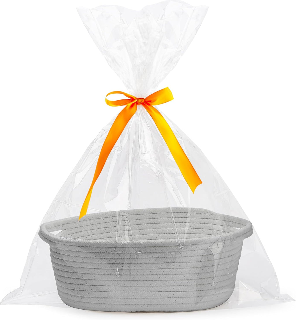 Pro Goleem Small Woven Basket with Gift Bags and Ribbons Durable Baskets for Gifts Empty Small Rope Basket for Storage 12"X 8" X 5" Baby Toy Basket with Handles, Gray