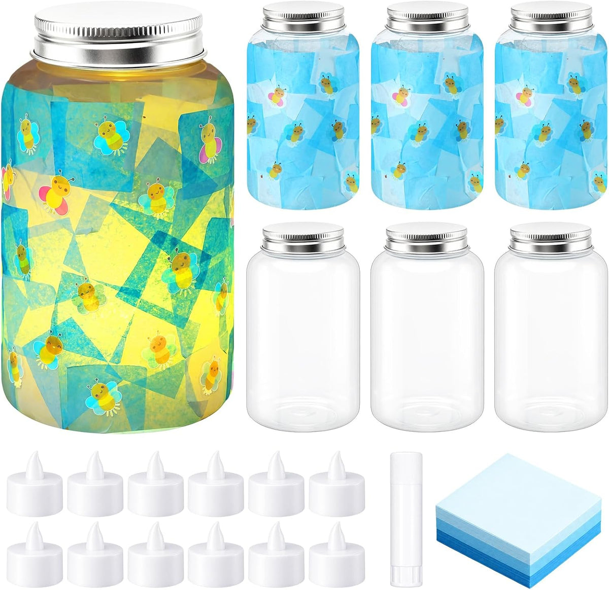 Qinyoung 6 Pcs Firefly Mason Jars Firefly Paper Crafts with LED Candle Light DIY Suncatchers Decoration Make Your Own Camping VBS Mason Jars Supplies for Sunday School Projects Activity