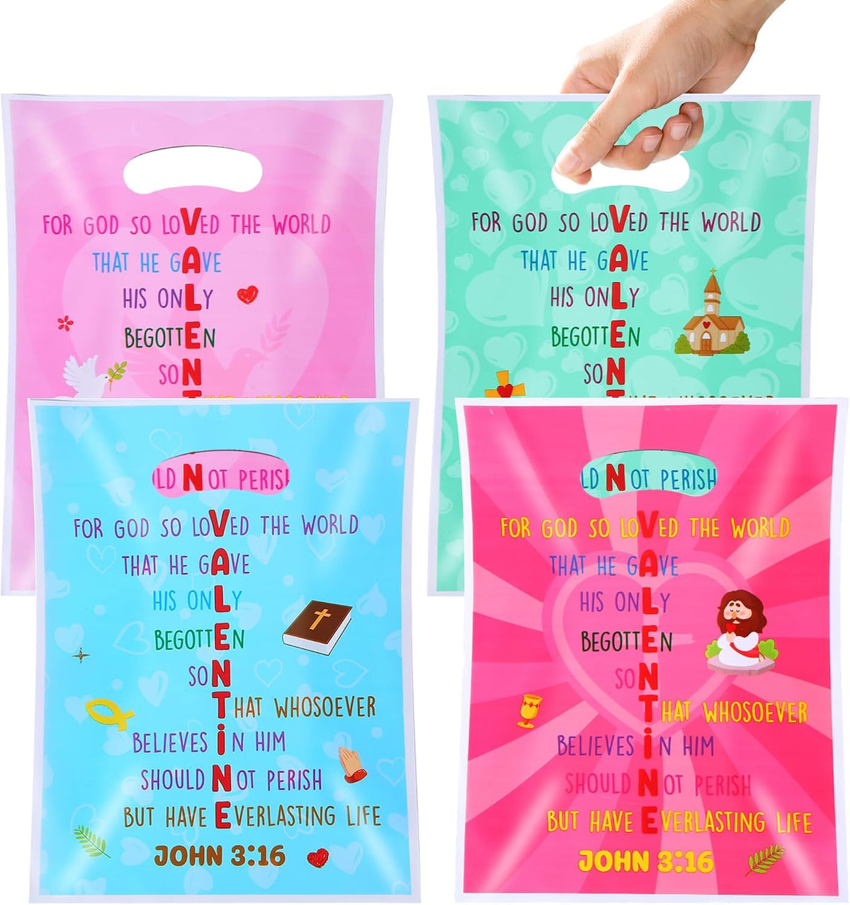 EUVBOKW 100 Pcs Religious Valentine's Day Gift Bags,Valentine Treat Bags John 3:16 Bible Verse Christian Party Favors,Ideal for Classroom and Sunday School