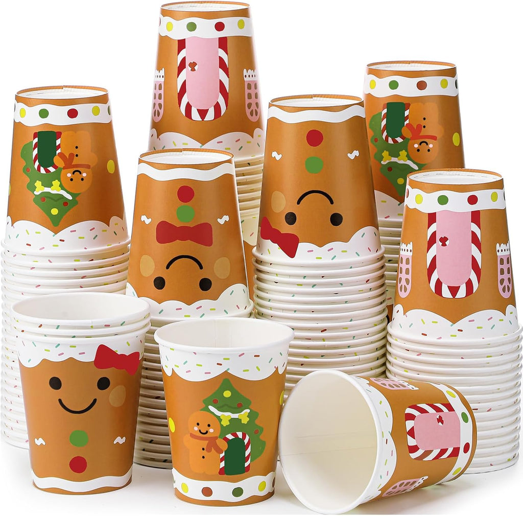 Funtery 100 Pcs Gingerbread Man Paper Cups, 9 oz Christmas Disposable Cups