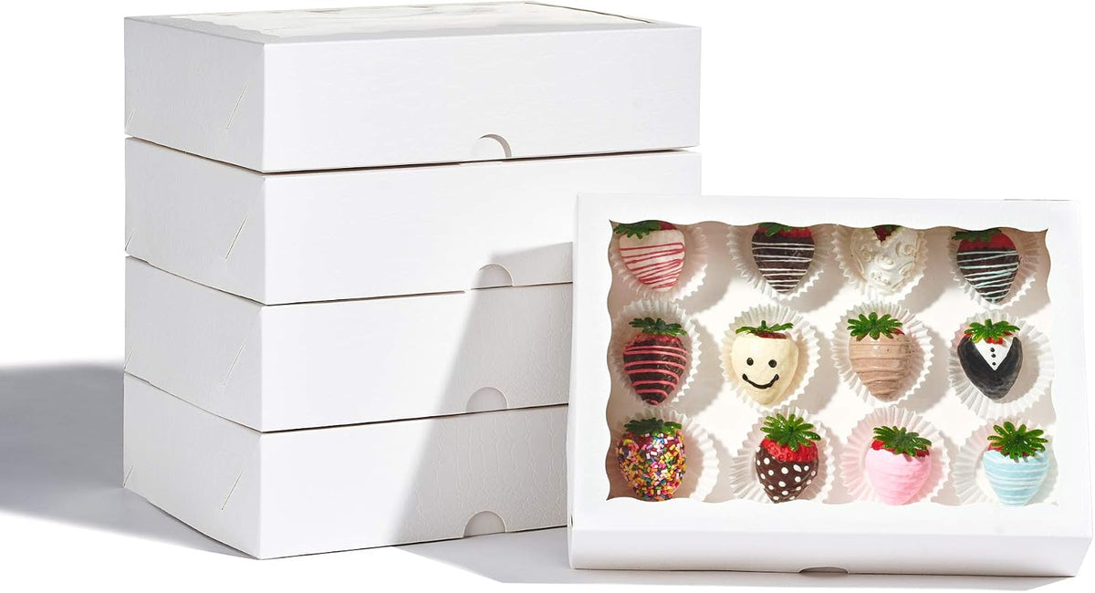 4 Pack 10x7x2.5Inches White Strawberry Boxes with Display Window, Bakery Dessert Containers for Cookies, Donuts, Macarons, Muffins & Hot Cocoa Bombs, Elegant Gift Packaging for Treatss