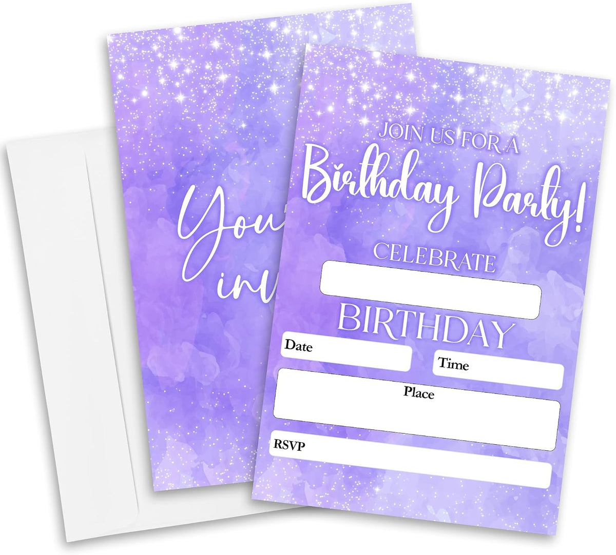 Glitter Birthday Party Invitations – 20Pcs Minimalist Purple Glitter Design, 4" x 6" Fill-In Style Invites Cards with Envelopes – Birthday Party Decorations & Supplies for Boys Girl - A05