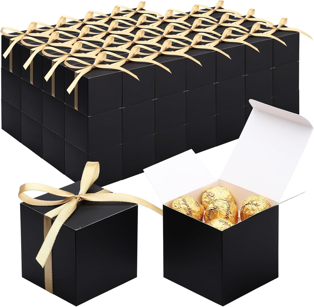 EUSOAR Black Favor Boxes, 120pcs 3x3x3 Inches Small Gift Boxes Mini Bakery Cookies Candy Box with Gold Ribbon, Square Paper Chocolate Containers for Wedding Birthday Bridal Party Favor Decoration