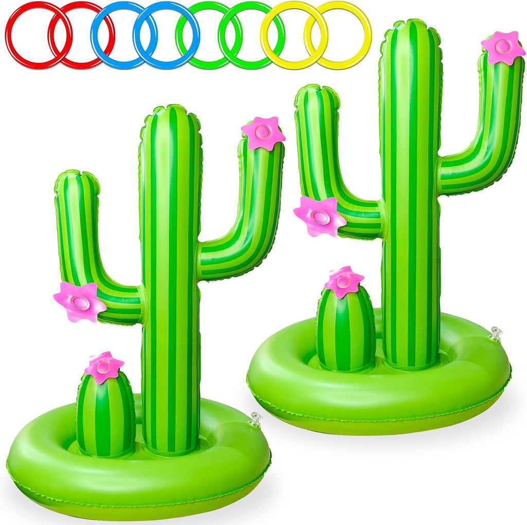 TURNMEON 2 Pack Inflatable Luau Cactus Pool Ring Toss Game Set - 8 Plastic Rings & Wider Base, Adults Summer Hawaiian Beach & Outdoor Party Supplies