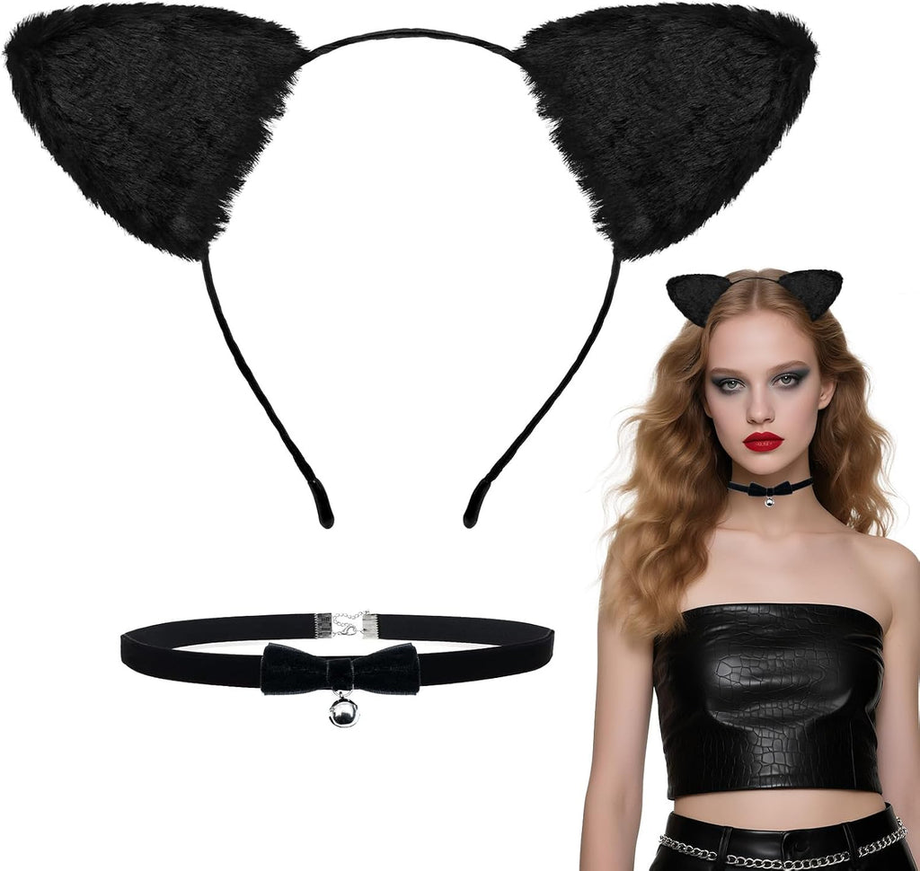 Voiiake Black Cat Ears Headband, Mask & Choker Set - Cat Costume Outfit Woman Adult Women, Halloween Costume Dress-Up Accessories for Party and Cosplay