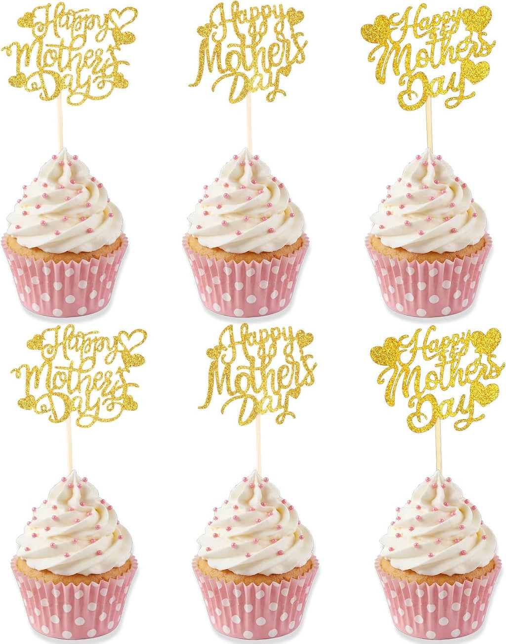 Happy Mothers Day Cake Topper, 24 Pcs Mothers Day Cupcake Toppers, Glitter Gold Happy Mother's Day Cupcake Toppers Food Picks Cake Decoraitons for Birthday Mothers Day Decorations