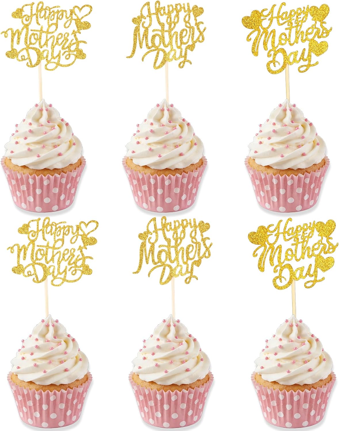 Happy Mothers Day Cake Topper, 24 Pcs Mothers Day Cupcake Toppers, Glitter Gold Happy Mother's Day Cupcake Toppers Food Picks Cake Decoraitons for Birthday Mothers Day Decorations