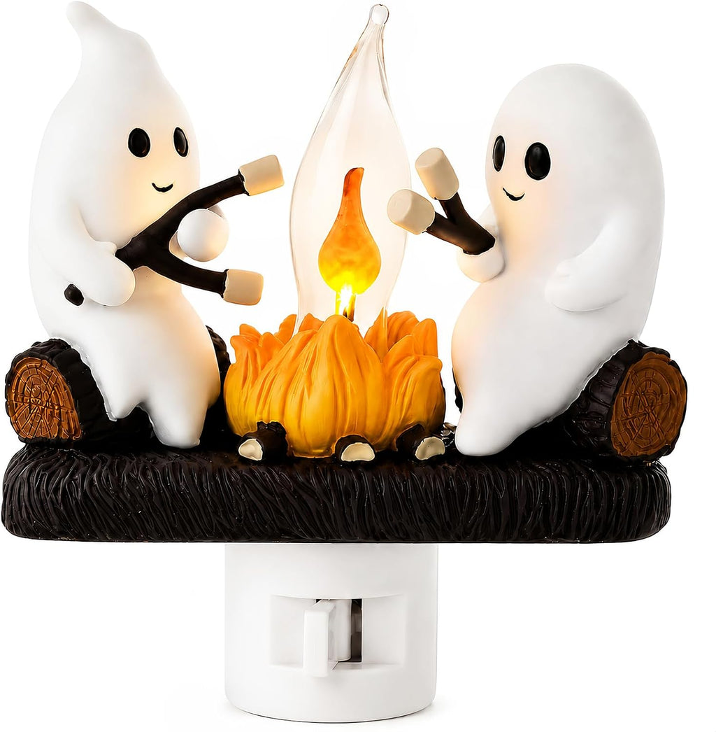 Ghost Campfire Night Light, Plug-in Wall Flickering Flame Nightlight, Halloween 3D Cute Spooky Marshmallow Ghost Decoration for Bedroom, Spooky Season Home Halloween Decor for Kids Adults
