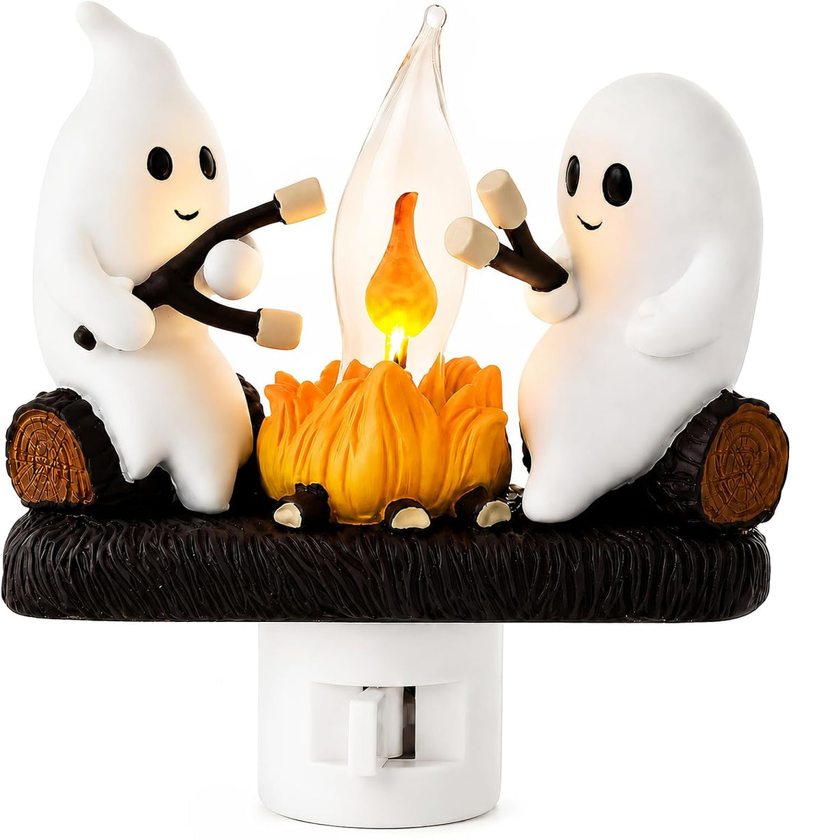 Ghost Campfire Night Light, Plug-in Wall Flickering Flame Nightlight, Halloween 3D Cute Spooky Marshmallow Ghost Decoration for Bedroom, Spooky Season Home Halloween Decor for Kids Adults
