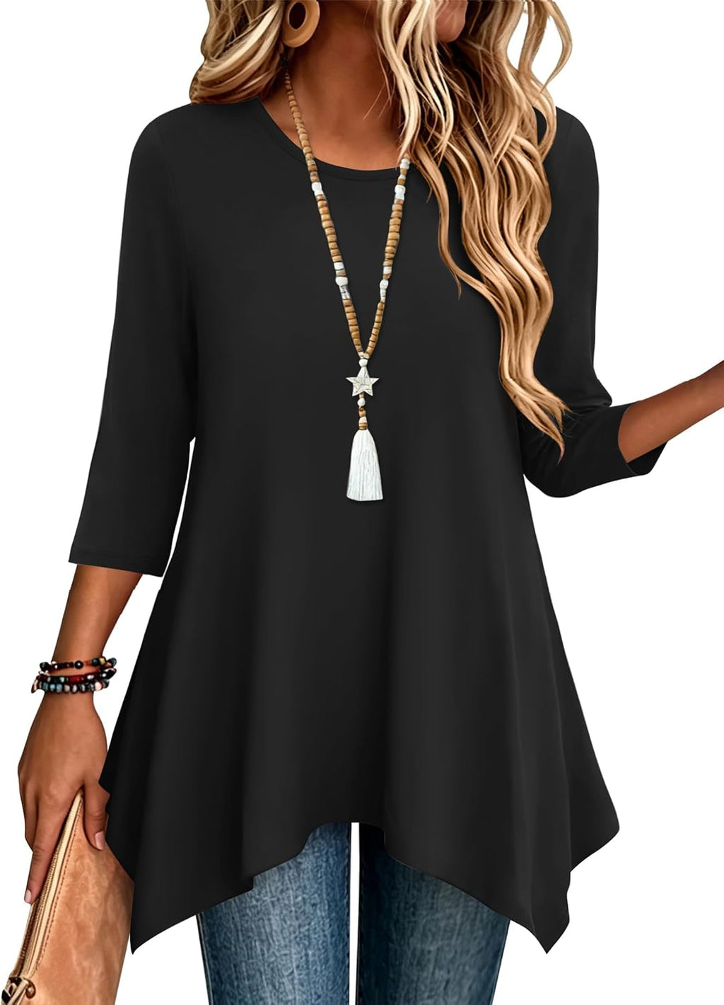 Zeagoo Womens Tops 3/4 Sleeve Loose Fit Dressy Tunics Plus Size Boho Shirts
