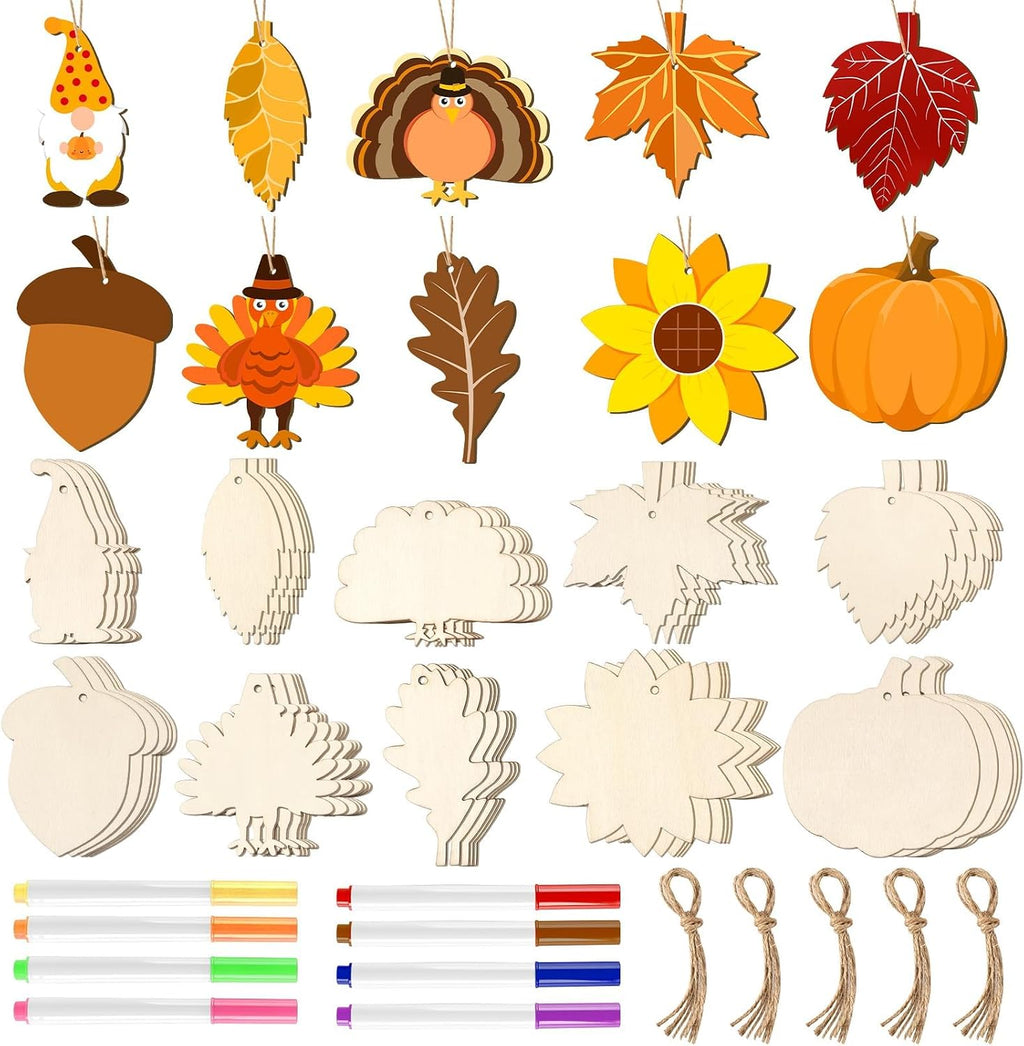 DECYOOL 50 Pcs Thanksgiving Fall Wooden Ornaments Autumn Wood Slices