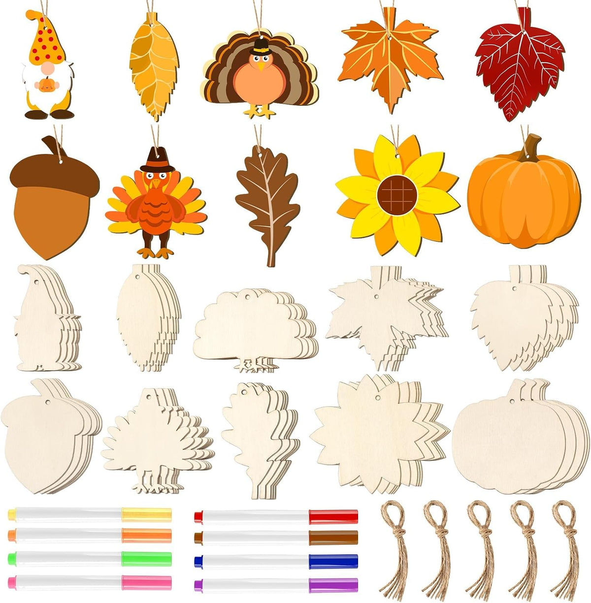 DECYOOL 50 Pcs Thanksgiving Fall Wooden Ornaments Autumn Wood Slices