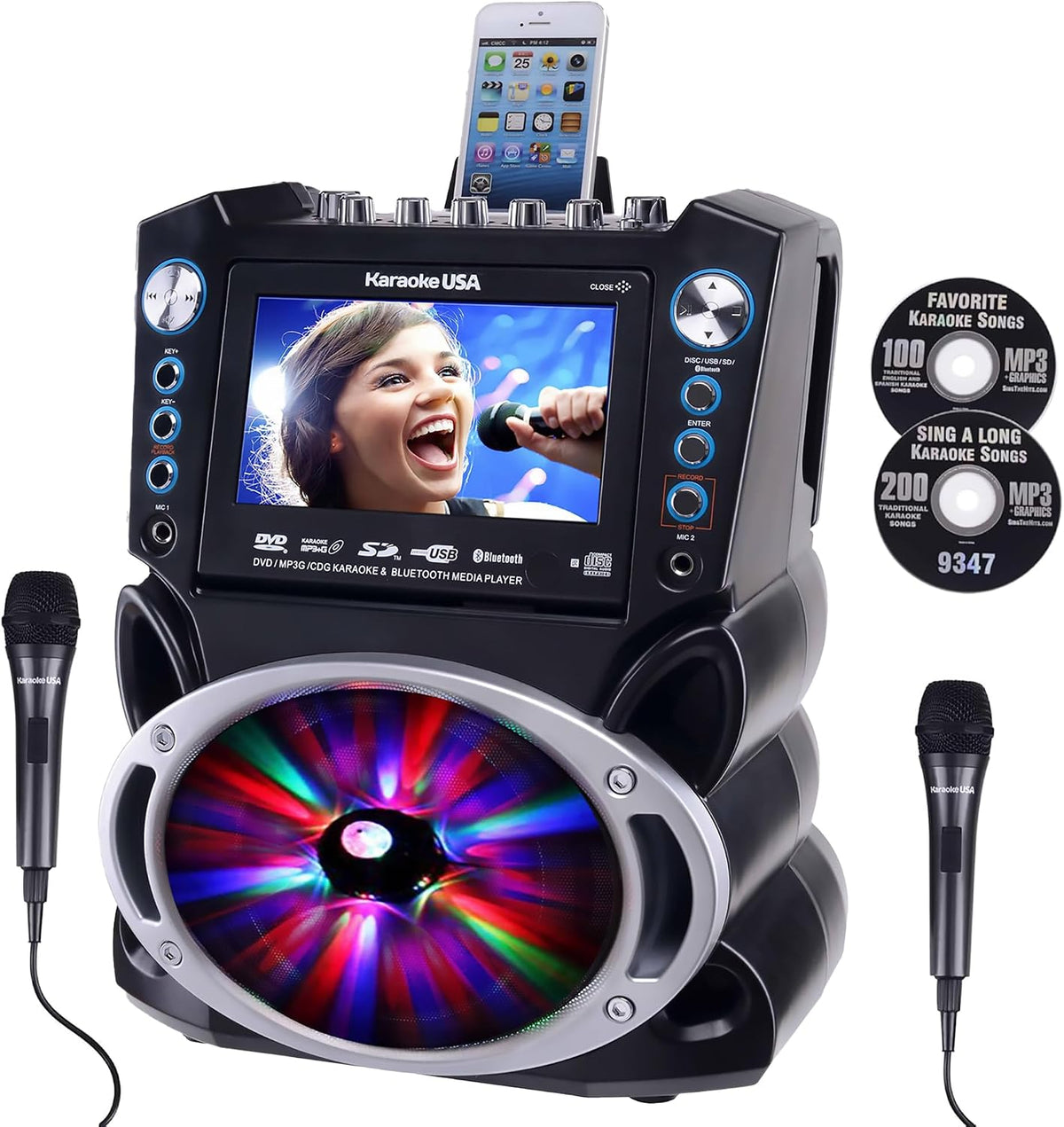 Karaoke Machine with Lyrics Display 7" Screen. CD+G, DVD, MP3+G, MP3, CD & USB. Wireless Bluetooth Speaker with LED Disco Lights. Includes 2 Wired Microphones and 2 Bonus Karaoke Discs By Karaoke USA