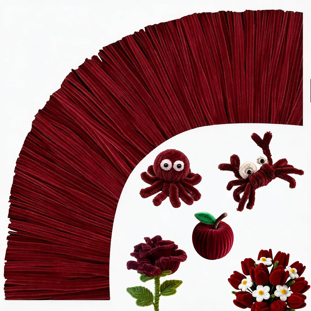 Pipe Cleaners,200Pcs Wine Red Pipe Cleaner Flower Kit,Chenille Stems for DIY Bouquet Festivals Room Decor,Valentine's Day Craft Supplies,Christmas Ornaments,Halloween Fall Decorations for Home Crafts