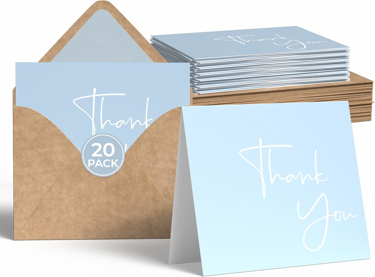 VNS Creations Thank You Cards With Envelopes - 20 Pack 4 x 6 - Light Blue
