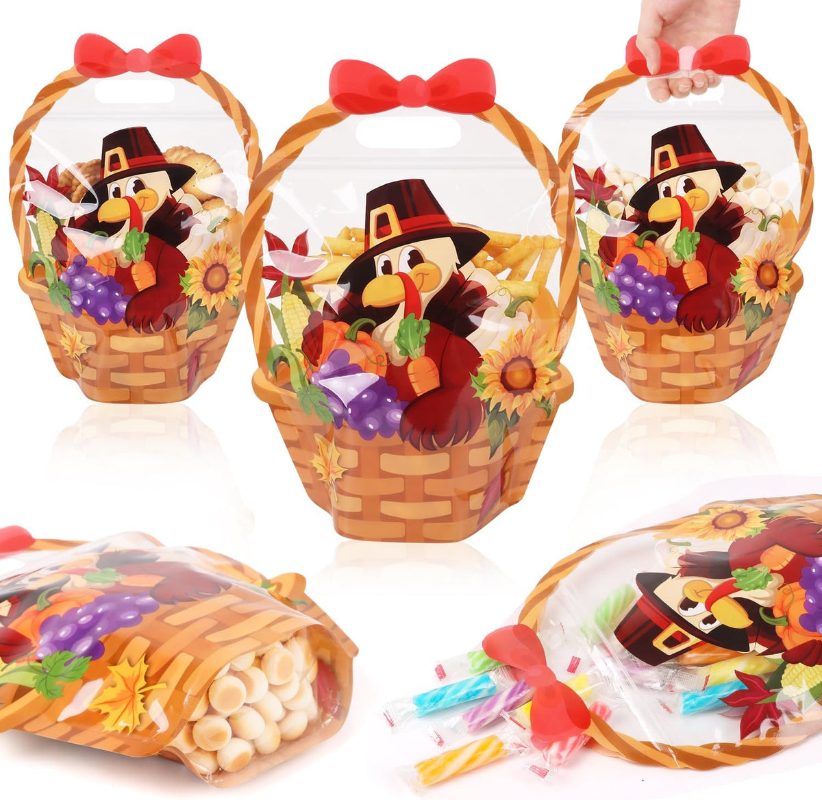 CCINEE 50 Packs Thanksgiving Ziplock Gifts Bags Bulk, 3D Fall Plastic Treat Bags with Handle Sealable Turkey Goodie Favor Bag for Holiday Autumn Harvest Party Gift Wrapping