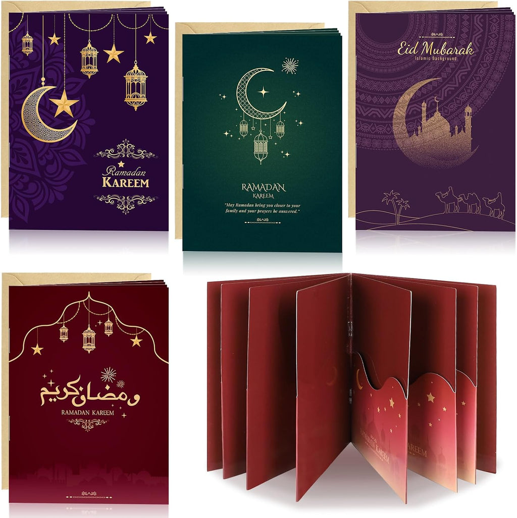 4 Sets Eid Gift Card Book, Eid Mubarak Money Holder Cards with Envelopes, Islamic Holiday Ramadan Kareem Gift Card Booklet Organizer for Family, Friends