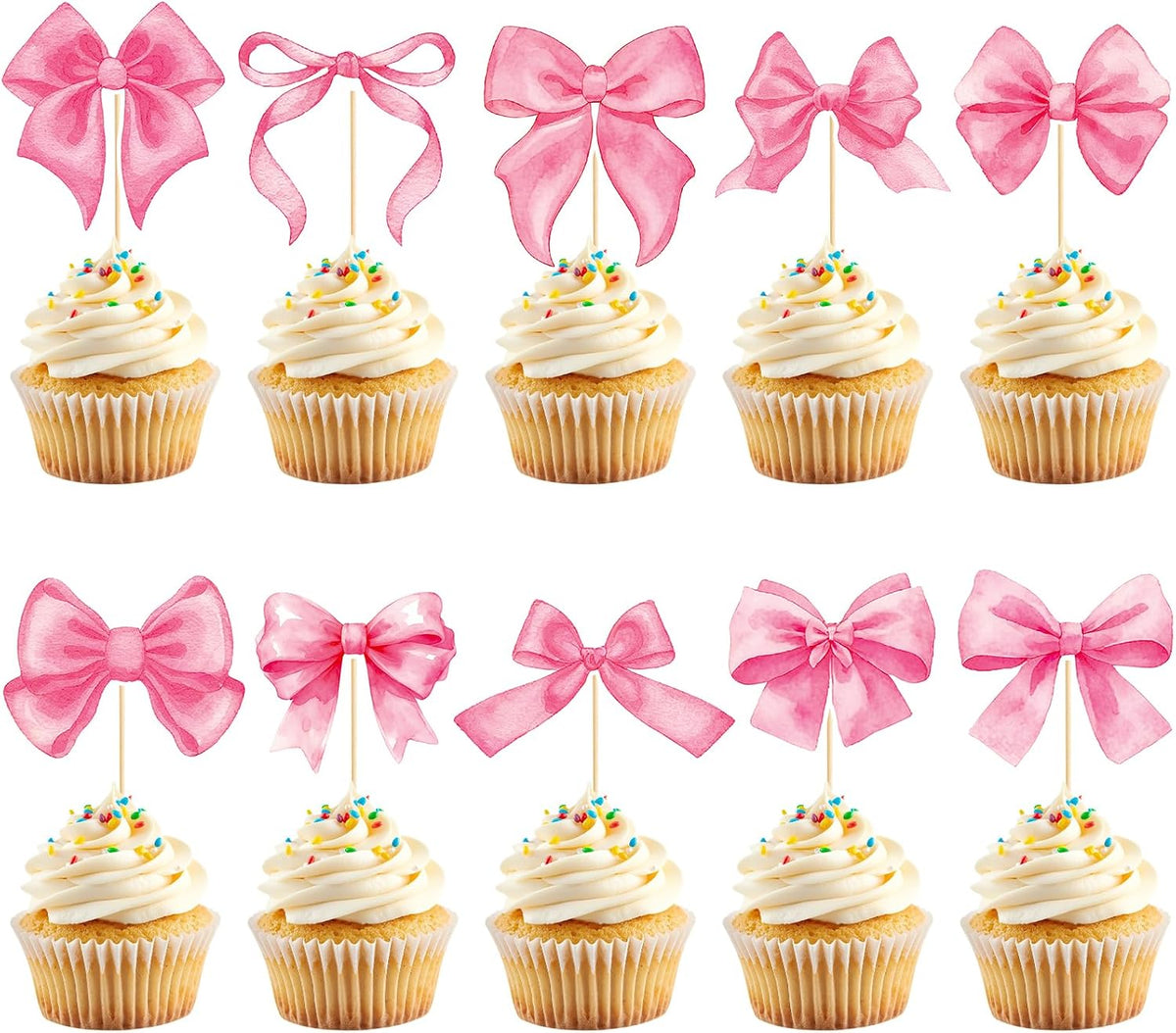 Hooqict 40Pcs Pink Bow Cupcake Toppers Pink Bow Birthday Cake Decorations Cupcake Picks for Girls Coquette Birthday Decorations Baby Shower Bachelorette Bridal Wedding Party