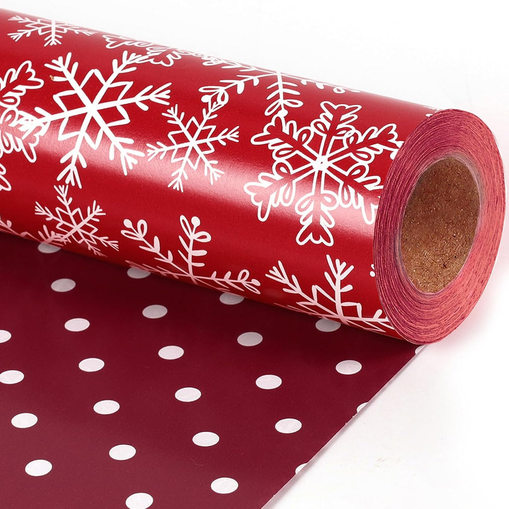 LaRibbons Reversible Christmas Wrapping Paper, White Dots Snowflakes on Red