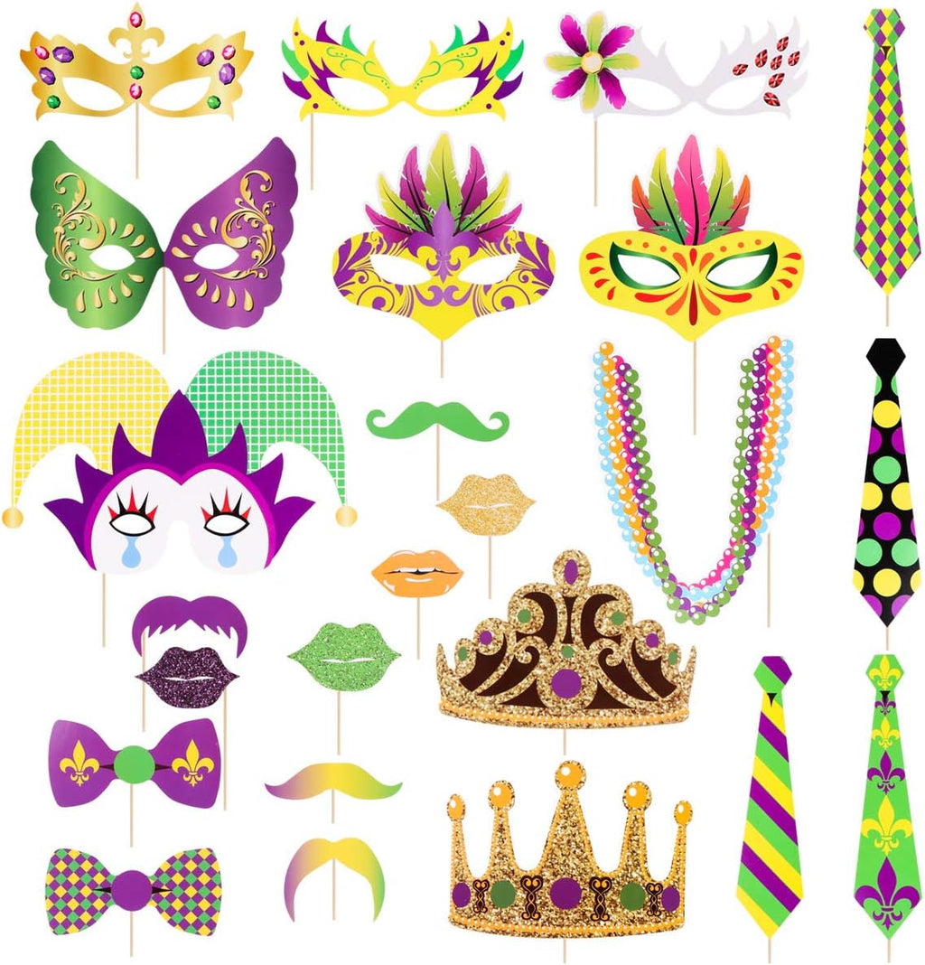 24Ct Mardi Gras Party Photo Booth Props - Carnival Birthday Party Decorations Supplies Favors Cosplay Props