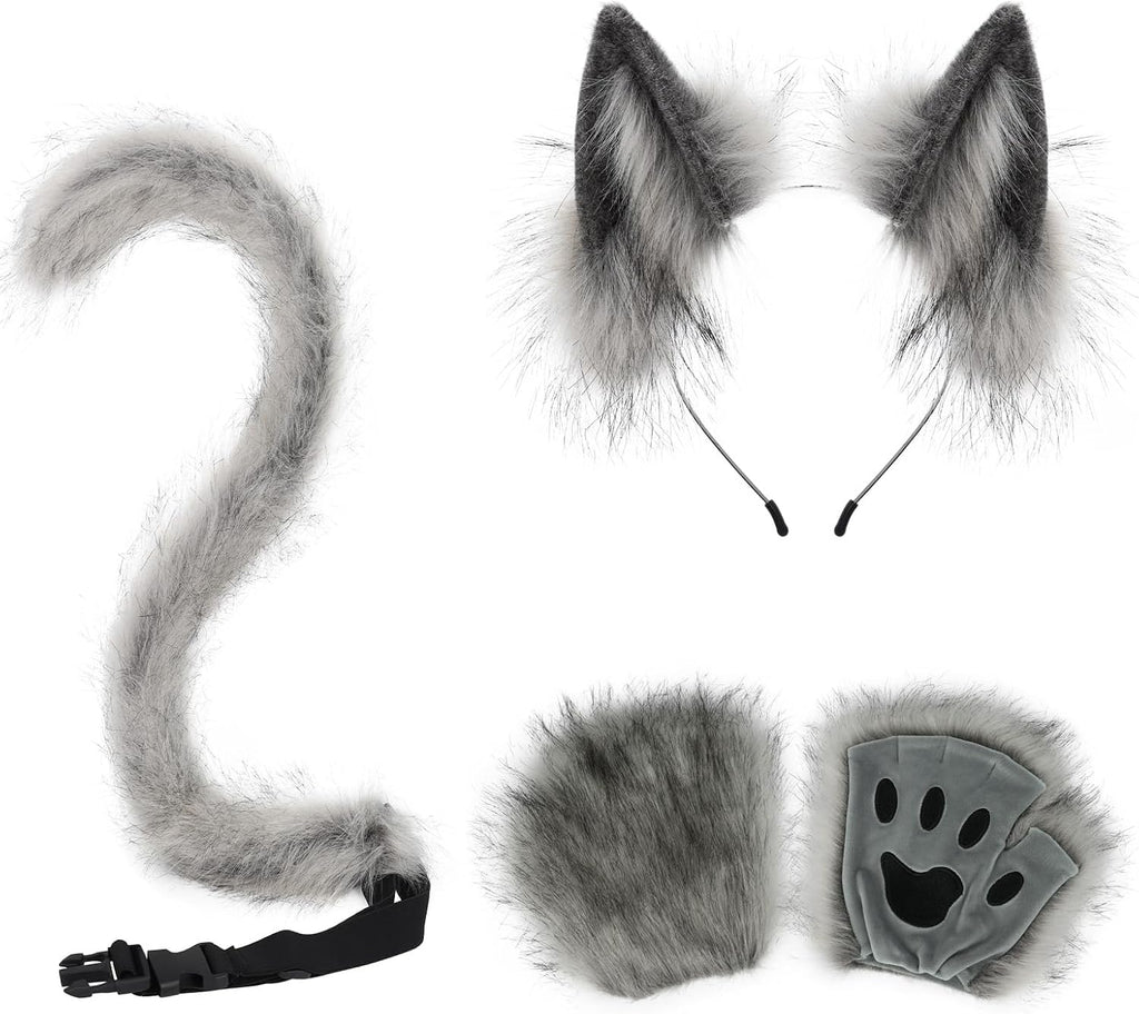 CHOICEONE Cat Fox wolf Ears and Tail Set with Paws Gloves Faux Fur Animal Cosplay Costume Accessories for Halloween Party