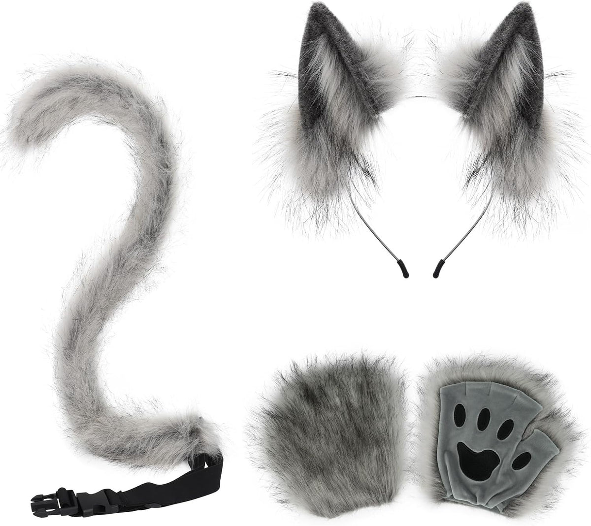 CHOICEONE Cat Fox wolf Ears and Tail Set with Paws Gloves Faux Fur Animal Cosplay Costume Accessories for Halloween Party