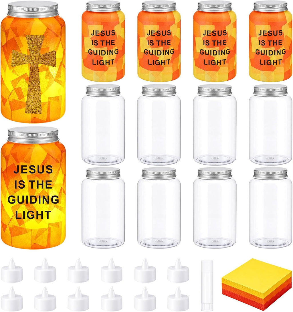Qinyoung 12 Sets Religious Cross Crafts Jesus Lights The Way Mason Jars Tissue Paper Crafts with LED Candle Light Make Your Own VBS Mason Jars Decoration for Camping Sunday School Projects Activity