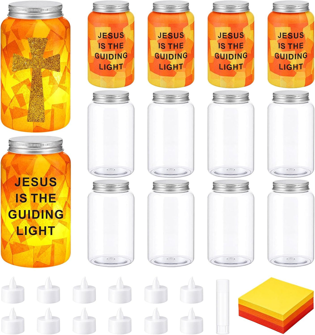 Qinyoung 12 Sets Religious Cross Crafts Jesus Lights The Way Mason Jars Tissue Paper Crafts with LED Candle Light Make Your Own VBS Mason Jars Decoration for Camping Sunday School Projects Activity