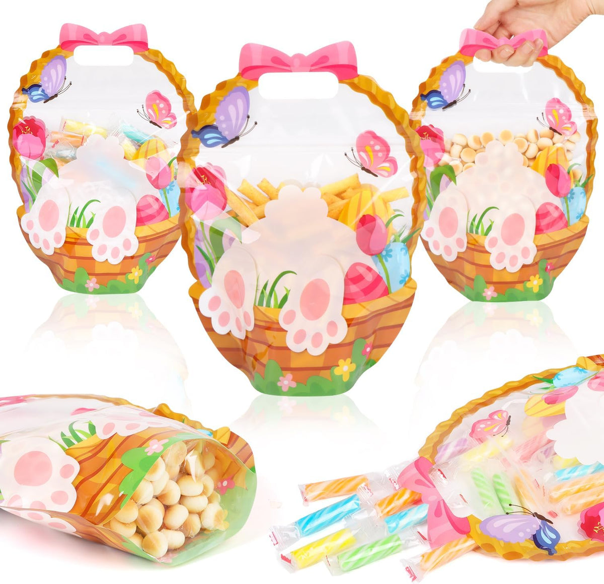 CCINEE 60 Packs Easter Treat Bags Bulk, Easter Gifts Bags with Handle Sealing Bunny Goodie Cellophane Ziplock Bag Bulk for Classroom School Party Favors Gift Exchange