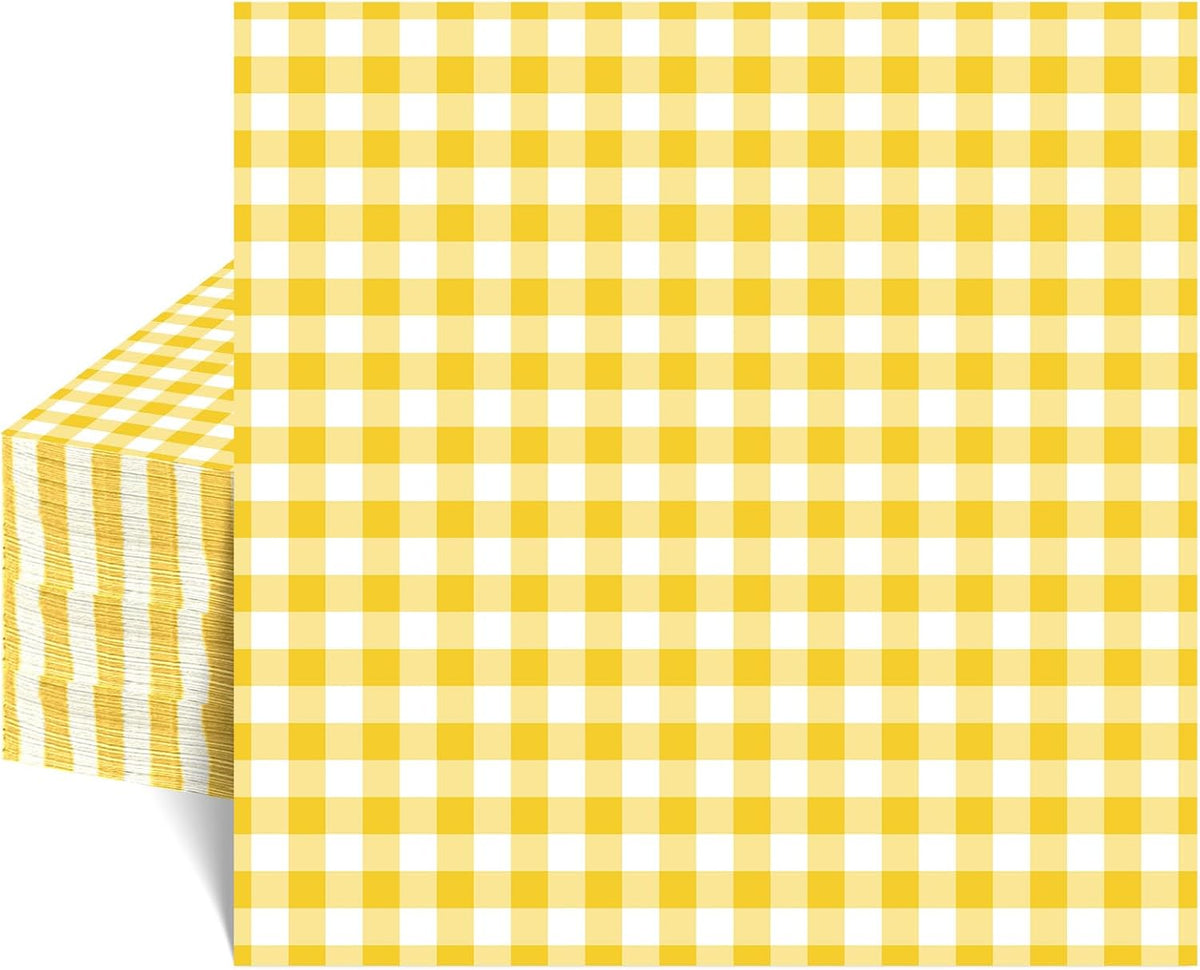 NatNarr 80 Pk Gingham Napkins Yellow Napkins Disposable, 6.5"