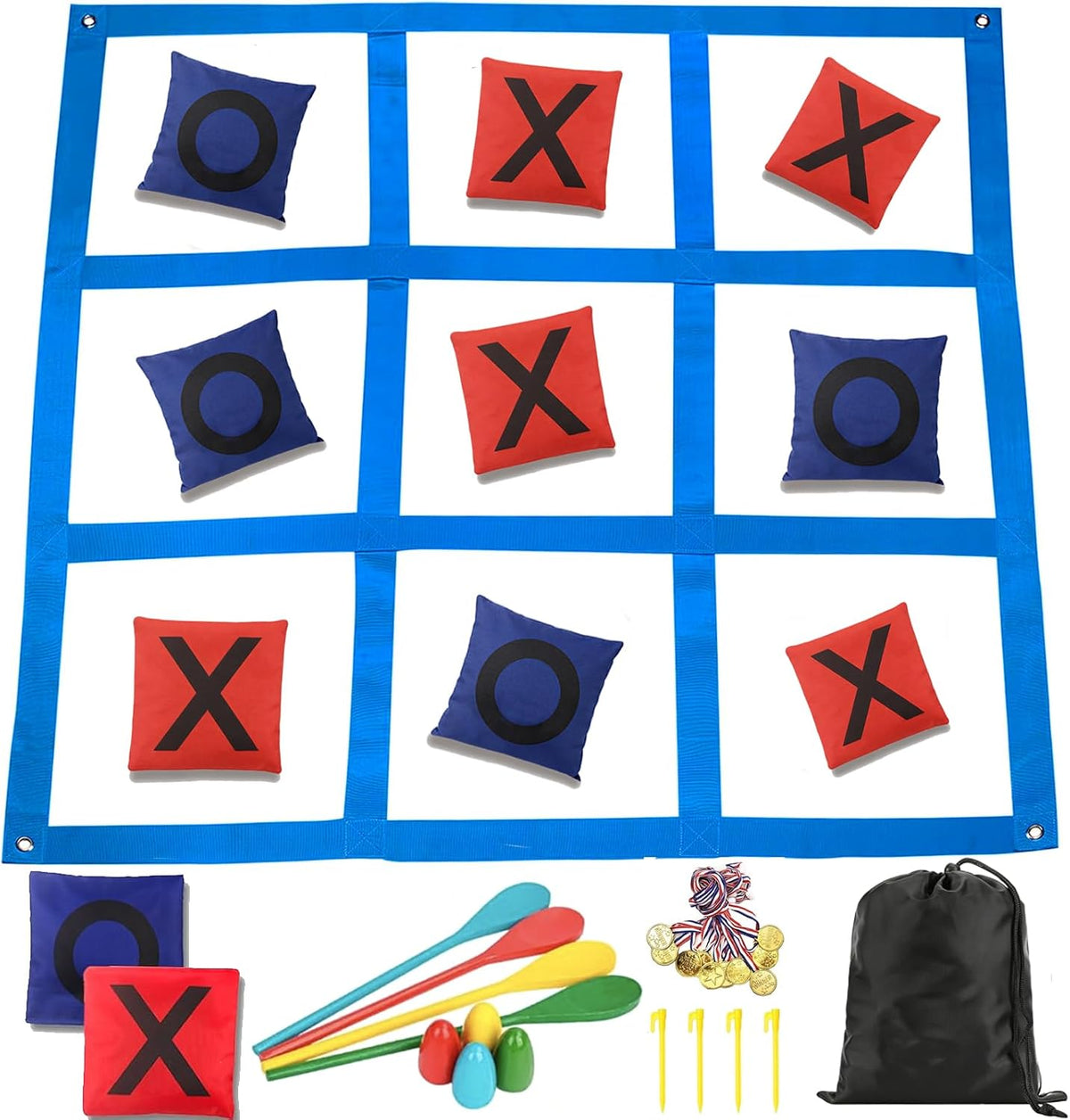 2-in-1 Outdoor Giant Tic Tac Toe Bean Bag Toss Games for Kids Adults Egg Spoon Relay Race Game, 4X4FT Large Lawn Yard Games Backyard Outside Family Reunion Birthday Party Field Day Outdoor Fun Games