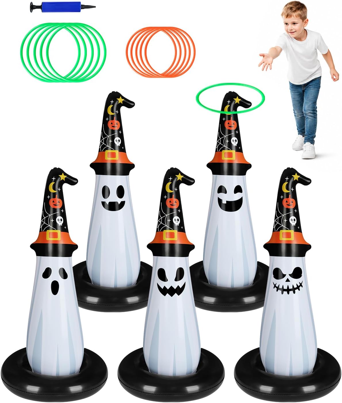 5Pcs Inflatable Halloween Ghost Ring Toss Game,Halloween Games for Kids,Adults,Family Party Favor Indoor Outdoor Game Garden Toys