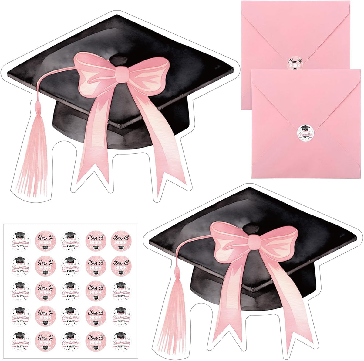 Marspark 25 Set Coquette Pink Bow Graduation Party Invitations Cards with Envelopes and Stickers Graduation Cap Shaped for College High School Grad Celebration Party Supplies, 5 x 6 Inch