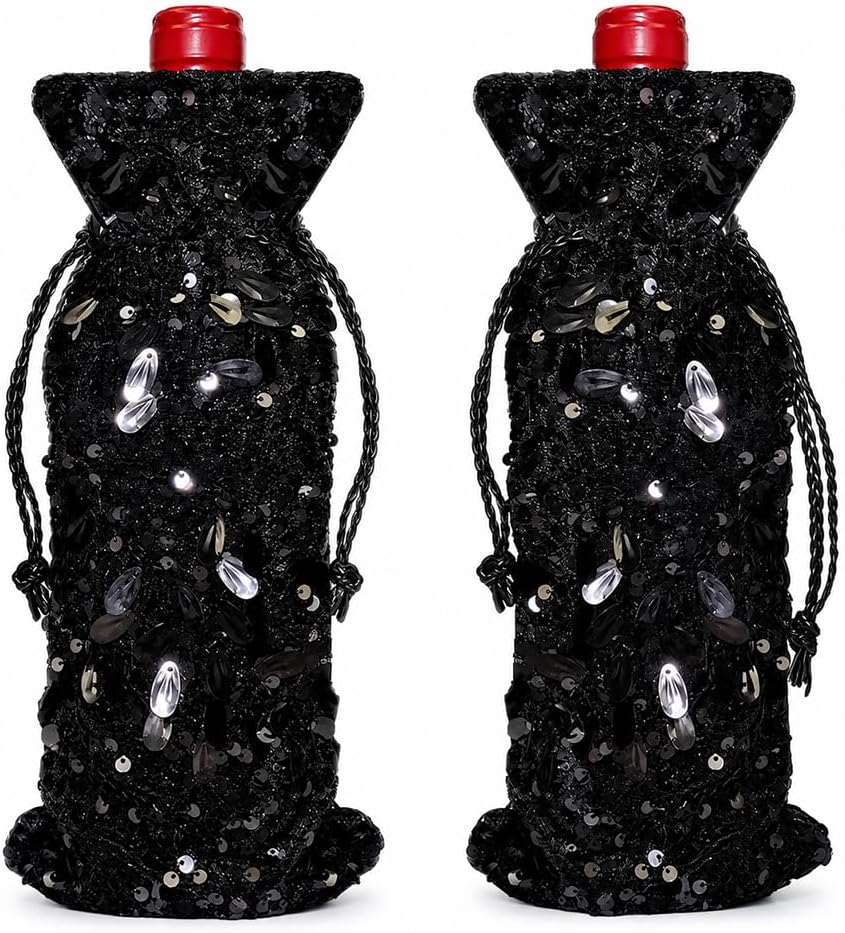 Blingxy 2-Pack Black Sequin Wine Gift Bags with Drawstring