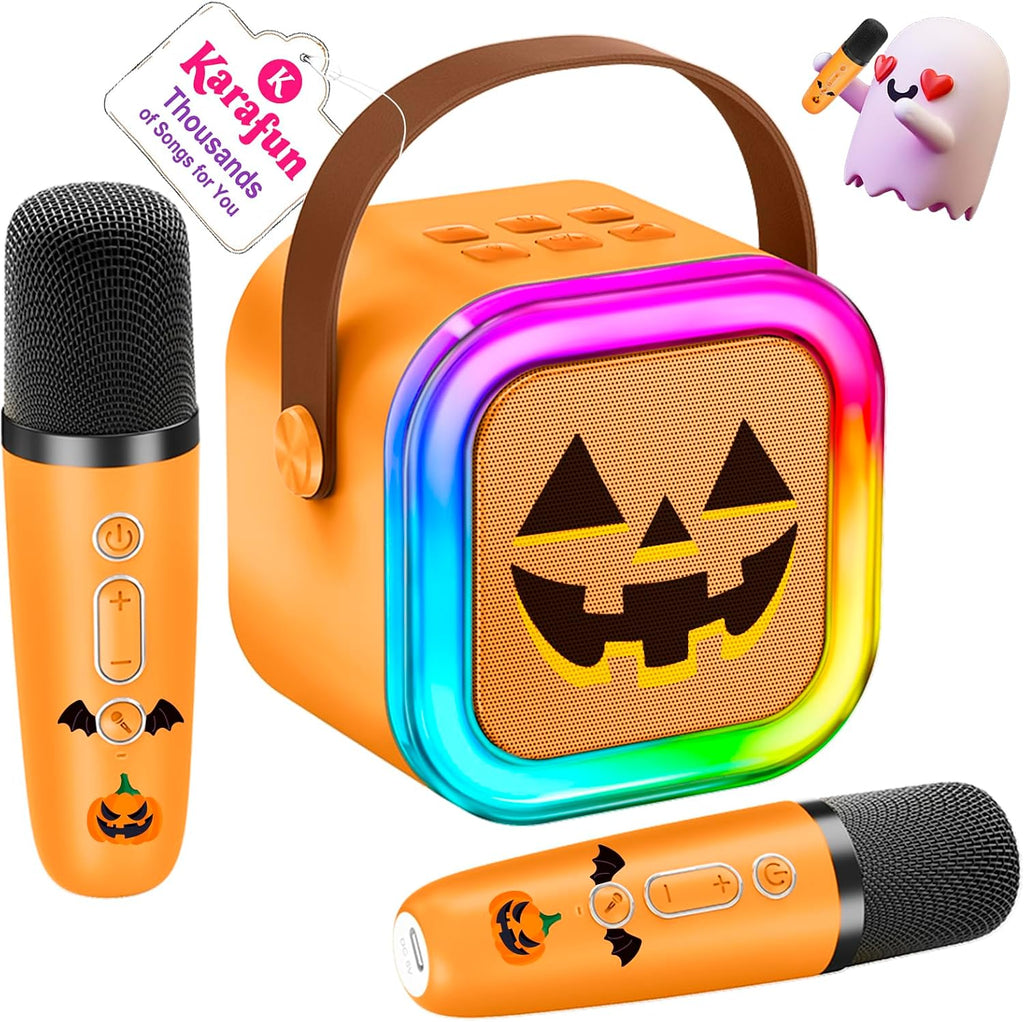IROO Mini Karaoke Machine for Kids, Halloween Party Supplies & 2025 TOP Toy Gifts Ideas for Girls Boys Ages 4-12, Portable MP3 Player with 2 Wireless Mics for Birthday Christmas Singing Games（Pumpkin）