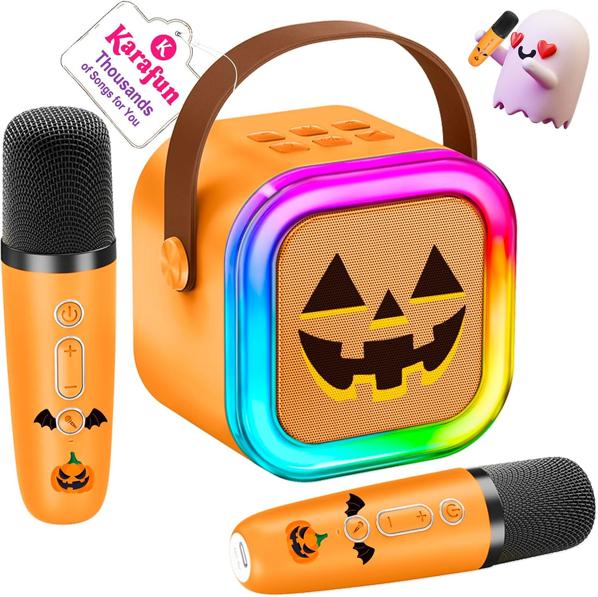 IROO Mini Karaoke Machine for Kids, Halloween Party Supplies & 2025 TOP Toy Gifts Ideas for Girls Boys Ages 4-12, Portable MP3 Player with 2 Wireless Mics for Birthday Christmas Singing Games（Pumpkin）
