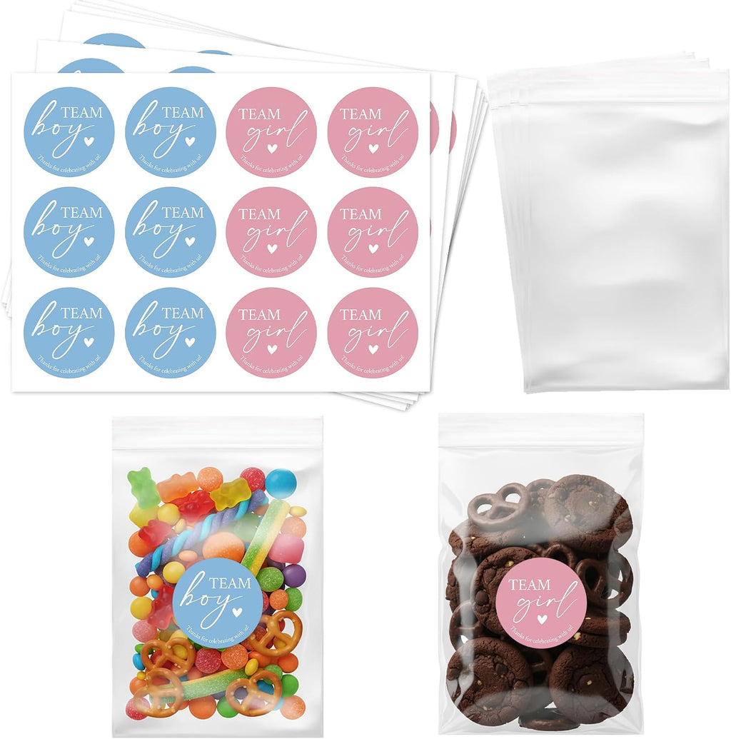 Gender Reveal Party Favor Bags, 120 Team Boy or Girl Stickers and 120 Clear Treat Bags, 1.6 Inch Pink and Blue Labels for Candy, Snacks and Baby Shower Decorations