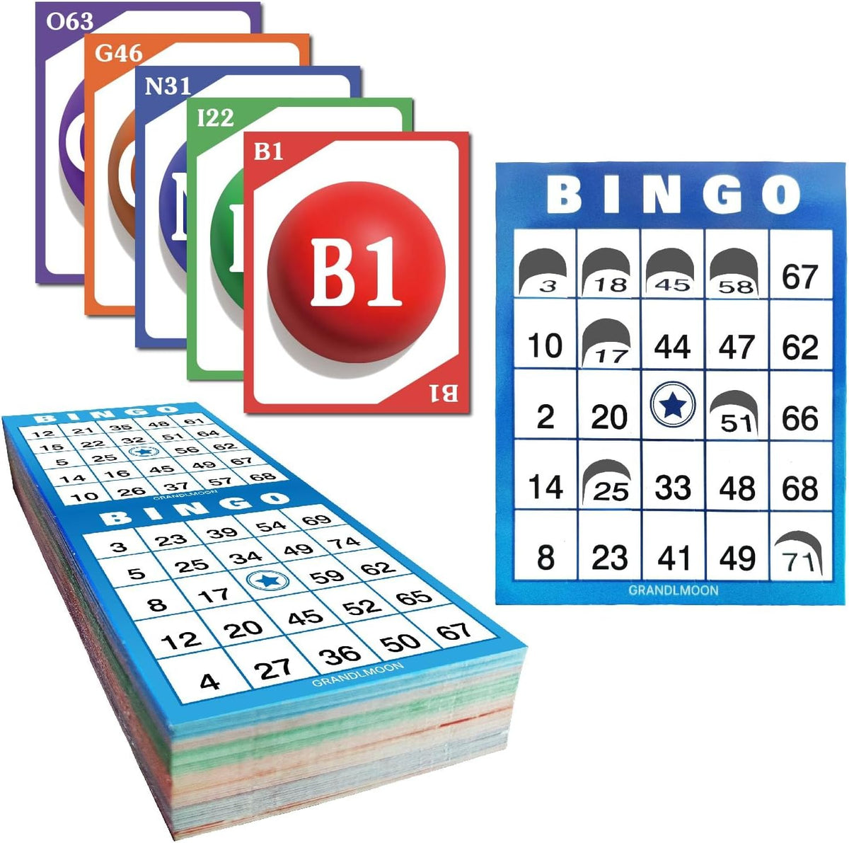 GRANDLMOON Large Size 80 Bingo Calling Cards and 200 Reusable Portable Windowed Bingo Game Cards Set in Vibrant Colors No Chips Needed (1-75 Version, Vol 1)