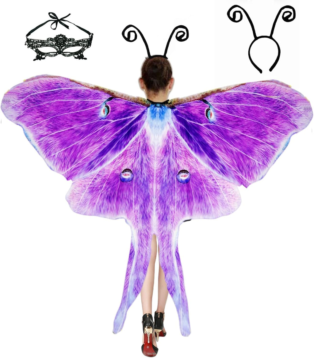Halloween Butterfly Wings Costume for Womens, Moth Wings Butterfly Cape Adult Costume with Mask & Headband(3pcs)