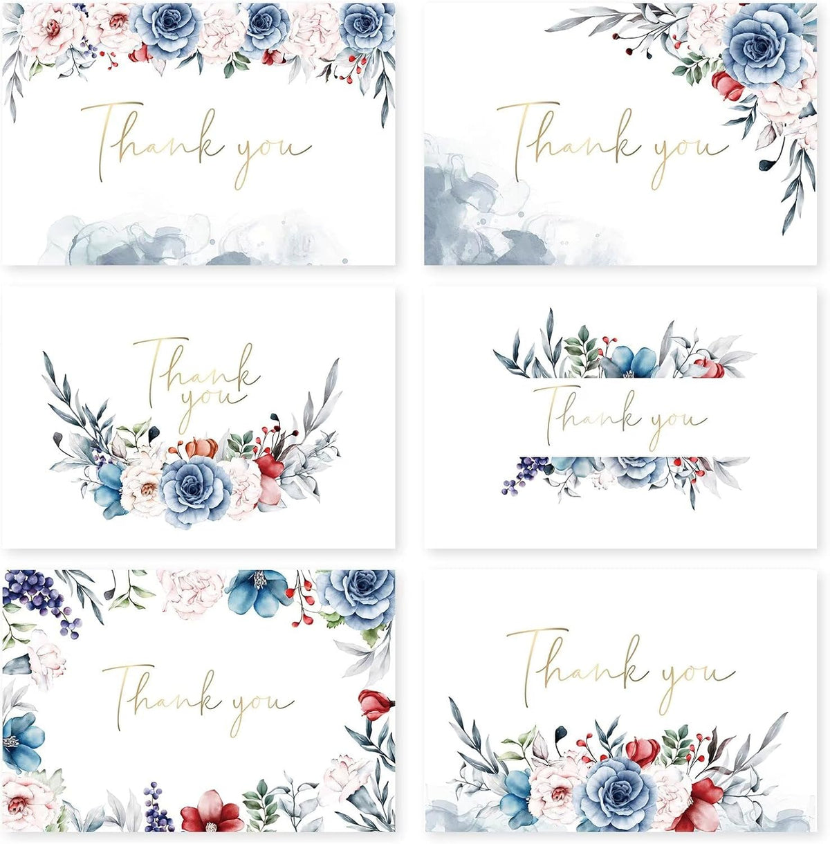 48 Pack Pre-Folded Floral Thank You Cards with Envelopes, 6 Designs