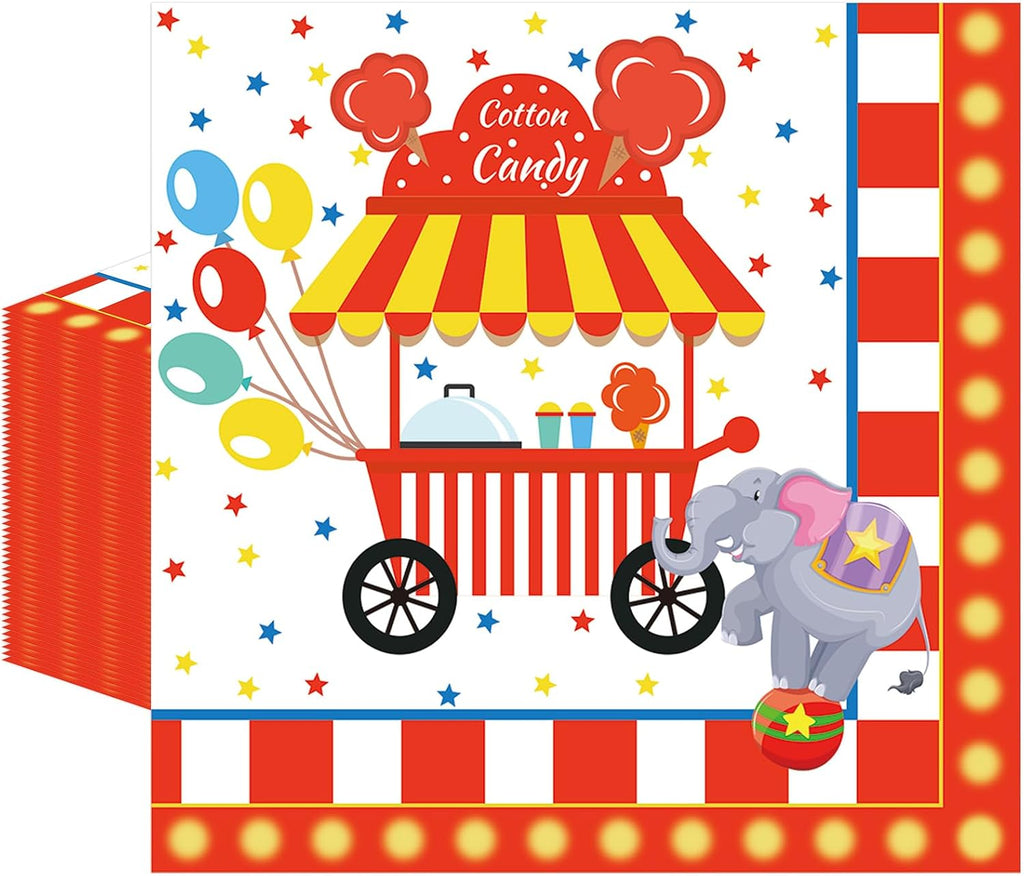 50 Pcs Carnival Paper Napkins 6.5 x 6.5 Inches, Circus Birthday Theme Disposable Luncheon Dinner Party Napkins Cocktail Napkin for Baby Shower Birthday Party Decorations (Carnival)