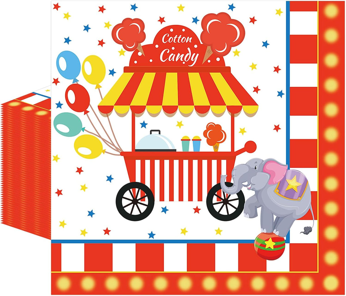 50 Pcs Carnival Paper Napkins 6.5 x 6.5 Inches, Circus Birthday Theme Disposable Luncheon Dinner Party Napkins Cocktail Napkin for Baby Shower Birthday Party Decorations (Carnival)