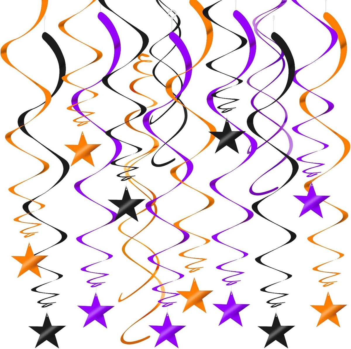36Pcs Black Orange and Purple Star Swirl Decorations, Plastic Foil Star Swirl Ceiling Hanging Decorations Spiral Streamer Party Supplies for Halloween Fall All Kinds of Parties