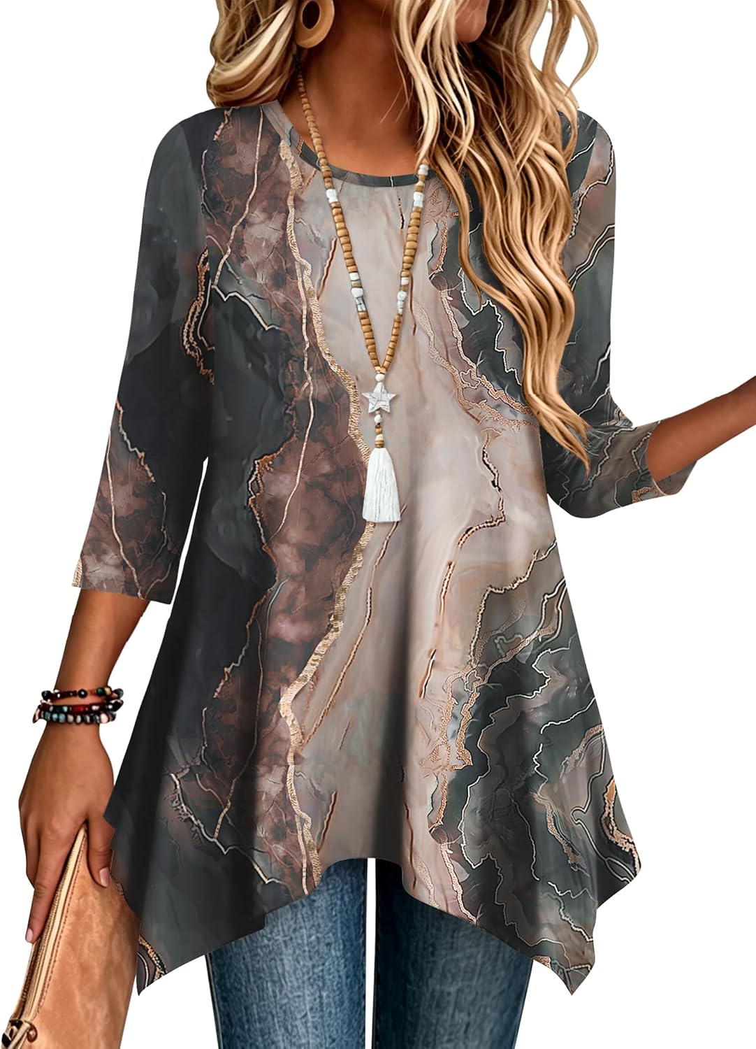Zeagoo Womens Tops 3/4 Sleeve Loose Fit Dressy Tunics Plus Size Boho Shirts