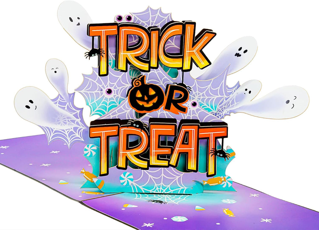POPWOW Trick Or Treat Pop Up Card, Happy Halloween, Ghost, Spider Silk, Scary 3D Greeting Cards, Gifts for Boy, Girl, Friend, Kid, Brother, Sister, 5x7 - Includes Envelope And Message Note