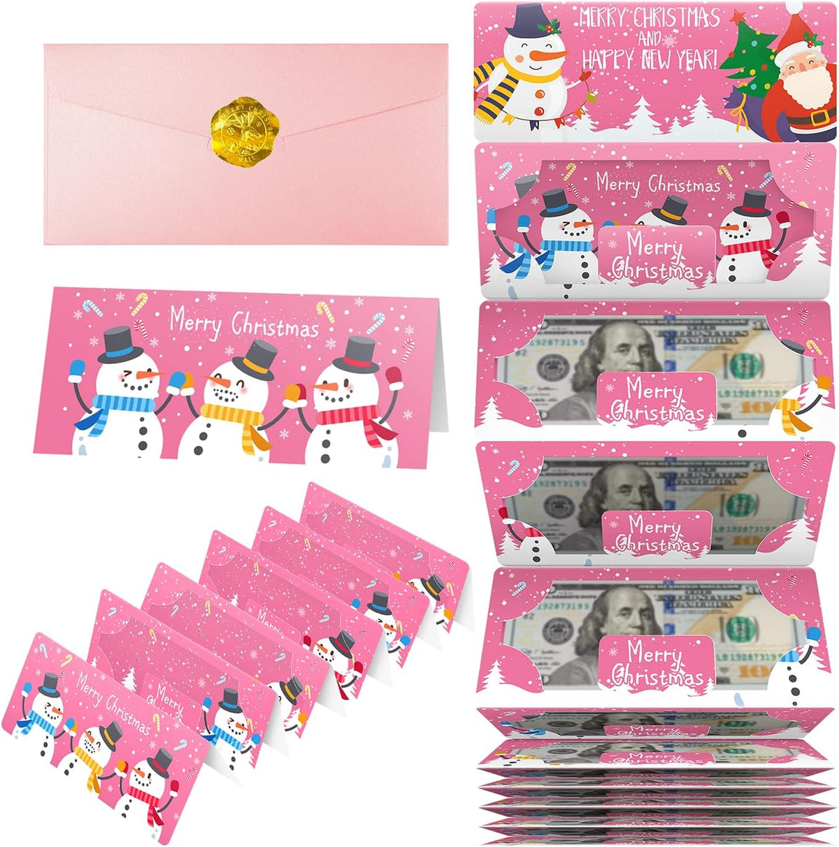 Jaywayang Christmas Money or Gift Card Holder with 10 Slots, Surprise Cash Envelope Holders for Men Women Girls Boys (Pink)